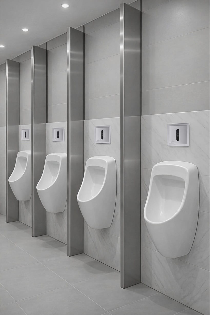 Hotel restroom urinal bank with sensor flush plates